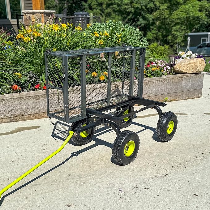Yard Tuff 3-in-1 Dual Side Dump Wagon with Fold-Down Sides for Outdoor Garden, and Lawn with Pneumatic Tires and Heavy Duty Steel, 20 x 38 Inch