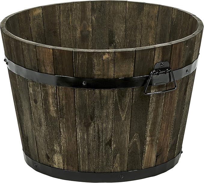 Worth Imports Wood Barrel Planter with Brown Oil, 18", 18", 13"