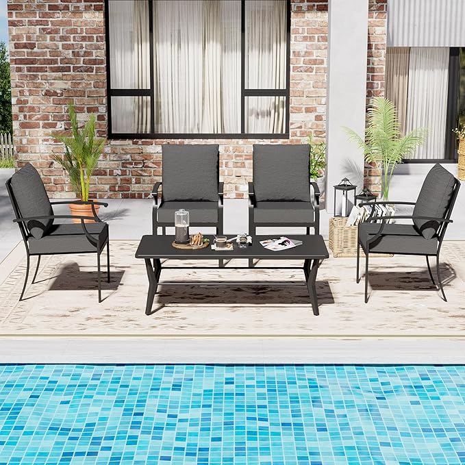 5-Piece Patio Furniture Set, Outdoor Table and Chairs with Rectangular All-Iron Coffee Table and 4 Chairs with Thick Cushions, Patio Conversation Set for Backyard, Balcony and lawns,Grey