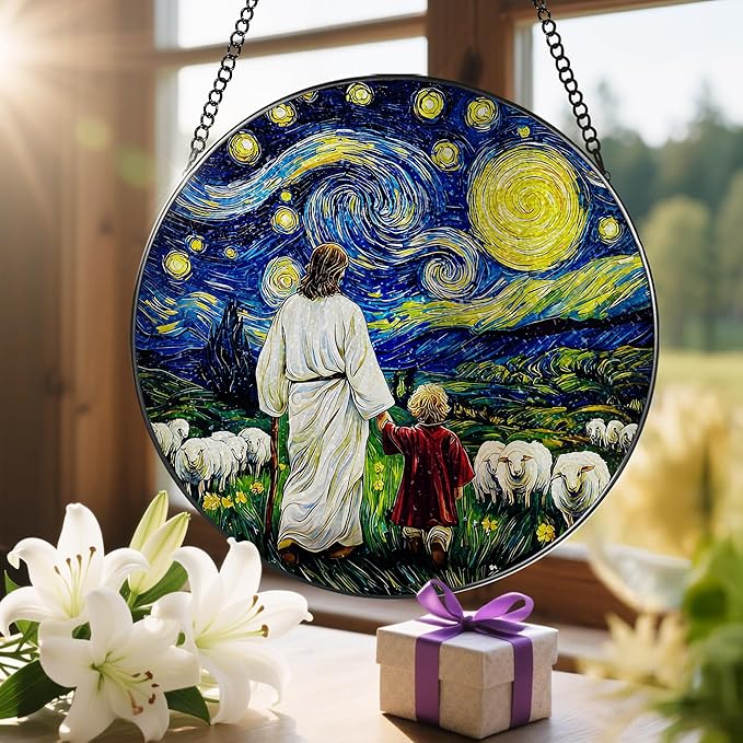 8 Inches Jesus with Child Stained Glass Suncatcher, Window Hanging Home Decor, Starry Night Ornament, Christian Gift, Religious Gifts for Her or Him, Gifts for Christmas