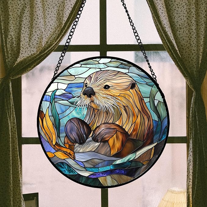 AMDERVEN Stained Glass Suncatcher, Blue Ocean Cute Sea Otter Sun Catcher Stain Glass Window Hanging Decoration Mother's Day Birthday Gifts for Women Men Mom Nana 15 in