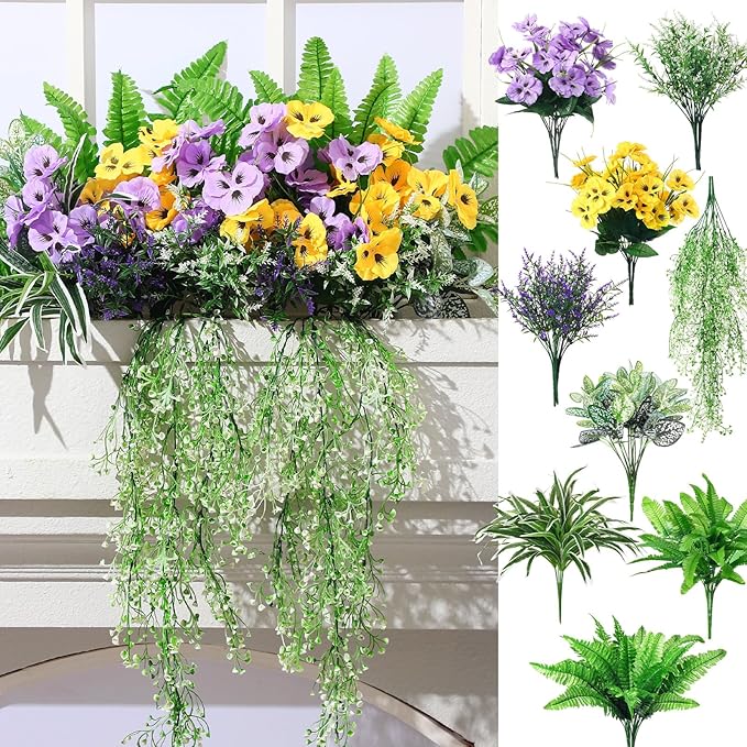 24 Pcs Outdoor Artificial Plants UV Resistant Faux Plant Fake Greenery Stems Faux Shrubs Flower for Outside Hanging Front Porch Patio Garden Window Box Home Wedding Summer Spring Decor(Green Purple)