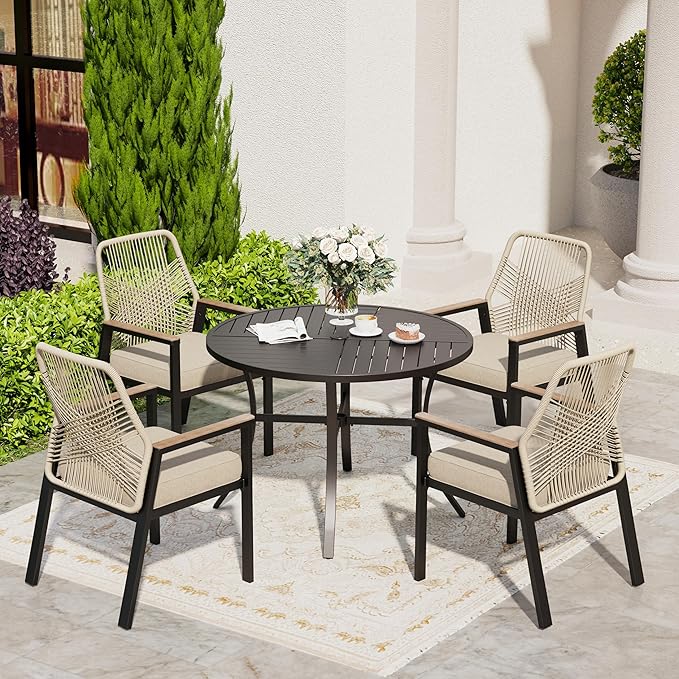 Patio Dining Chairs Set of 4, Heavy-Duty Woven Rope Outdoor Chairs with Waterproof Cushion and Wrought Iron Frame, All-Weather Outside Seating for Kitchen Garden Deck Backyard