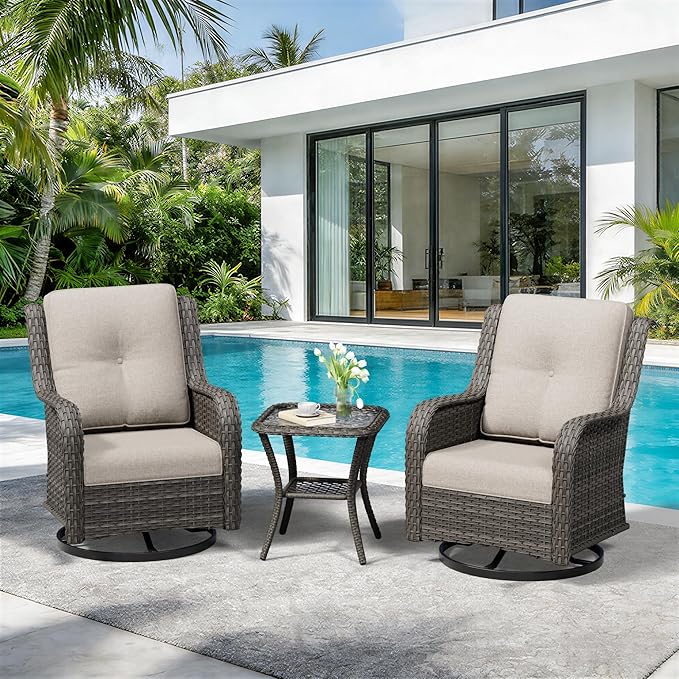 3 Piece Outdoor Wicker Patio Furniture Set, Swivel Rocker Patio Chairs Set with Thickened Olefin Cushions, High Back and Deep Seating, Hand-Woven PE Rattan for Porch, Deck