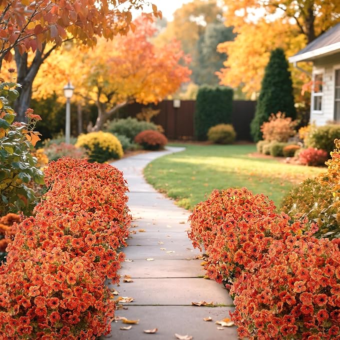 Besteek 20 Bundles Artificial Fall Flowers for Outdoors Decoration, Fake Mums Silk Daisy Faux Plastic Plants Boston Fern UV Resistant for Autumn Thanksgiving Garden Planters Home Decor, Orange