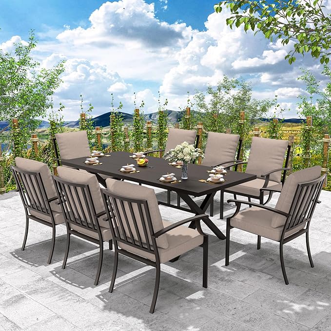 9-Piece Patio Dining Set Outdoor Conversation Set,Metal Outdoor Furniture Set with Umbrella Hole Cut-Out 78.7" x 35.4" Table and 8 Metal Backrest Chairs for Backyard,Garden,Sand