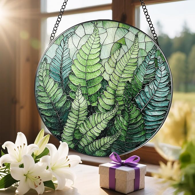 LAOWEIKI 8'' Fern Plant Sun Catcher Ornament, Stained Glass Window Hanging, Sun Catchers for Windows Hanging Ornaments, Window Decor | Plant Lover Gifts, Housewarming Gifts