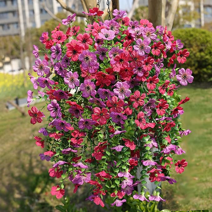 HyeFlora Artificial Hanging Flowers Basket for Outdoor, Fake Flowers Faux Plants Look Real for Yard Gardens Porch Patio Home (Purple+Hotpink)