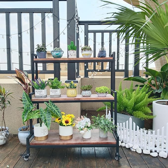 YCCO Rustic Plant Stand with Wheels 37“ H, Rolling Plant Shelves Rack Indoor Outdoor,Metal Plant Stand with Solid Wood for Multiple Plants,Industrial Ladder Plant Flower Shelf for Garden,Living Room,Brown