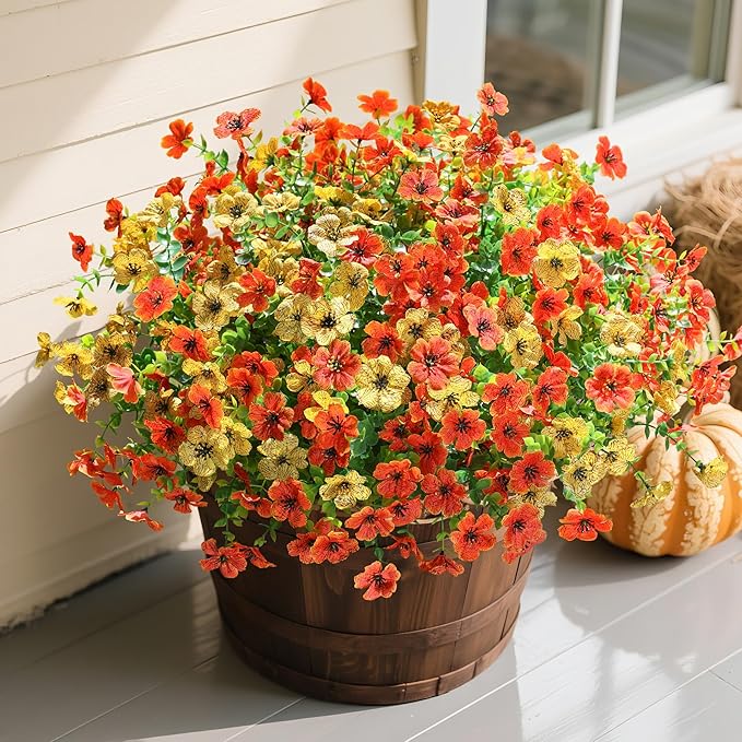florisso Artificial Fall Flowers Fake Mums for Outdoor Autumn Decoration, 12 Bundles Faux Silk Orange Yellow Mums Daisy Look Real UV Resistant for Outside Home Porch Patio Planter