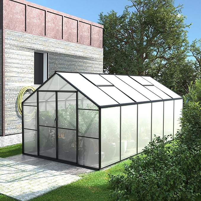 MUPATER 8 x 12 FT Heavy Duty Outdoor Greenhouse, Polycarbonate Greenhouse with Aluminum Frame, Walk-in Green House Kit with Lockable Door & Adjustable Roof Vent for Backyard, Garden, Patio, Grey