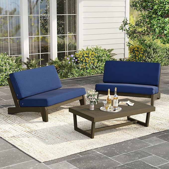 3 Piece Outdoor Wood Patio Loveseat Bistro Set, Wooden Conversation Patio Table and Chairs Furniture Set with Coffee Table for Porch Balcony Deck Backyard