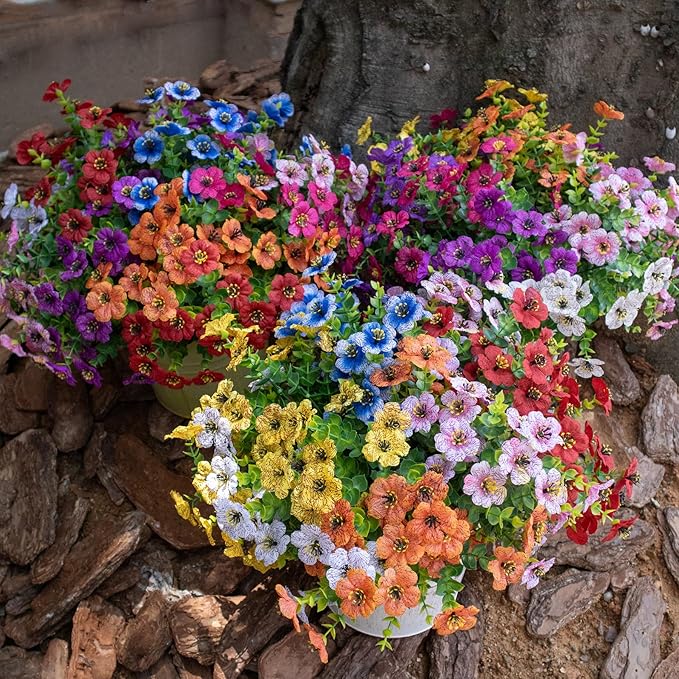 BCBLF Artificial Flowers for Outdoors, Faux Flowers for Outdoor Planters, 12 Bundles Realistic Silk Flower Faux Fake Plants for Porch Patio Yard Planters, Home Decor, Yellow + Orange + Red