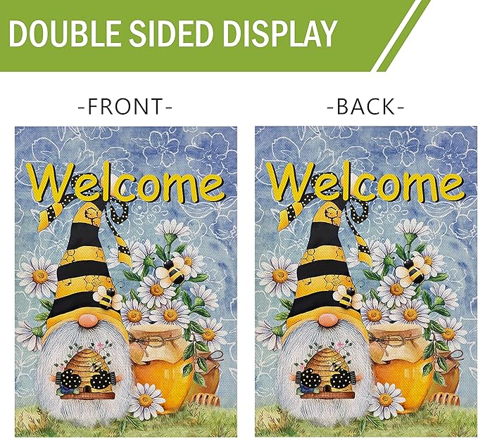 Furiaz Welcome Spring Honey Bumble Bee Gnome House Flag, Summer Yard Home Decorative Outdoor Decoration, Daisy Flower Burlap Lawn Outside Large Decor Double Sided 28x40