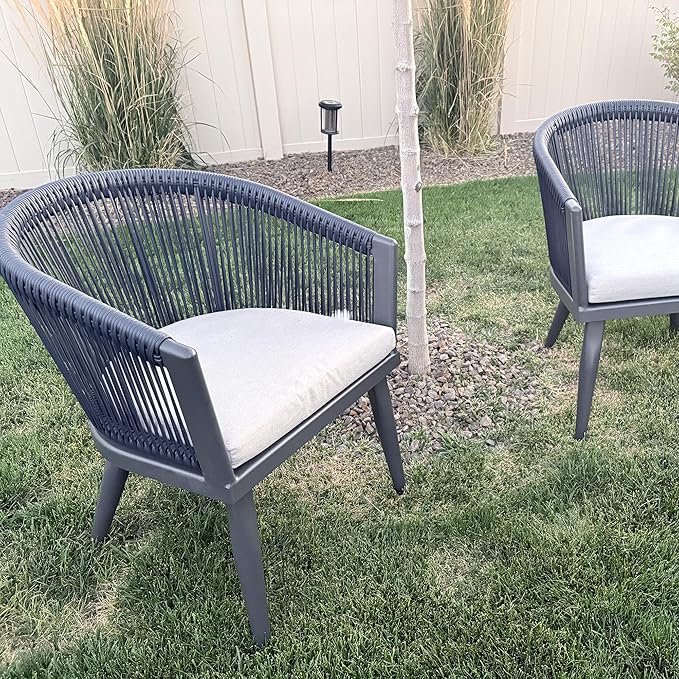 PURPLE LEAF 2 Pieces Outdoor Dining Chairs All-Weather Rattan for Lawn Garden Backyard Deck Patio Dining Chairs with Cushions, Navy Blue and Gray