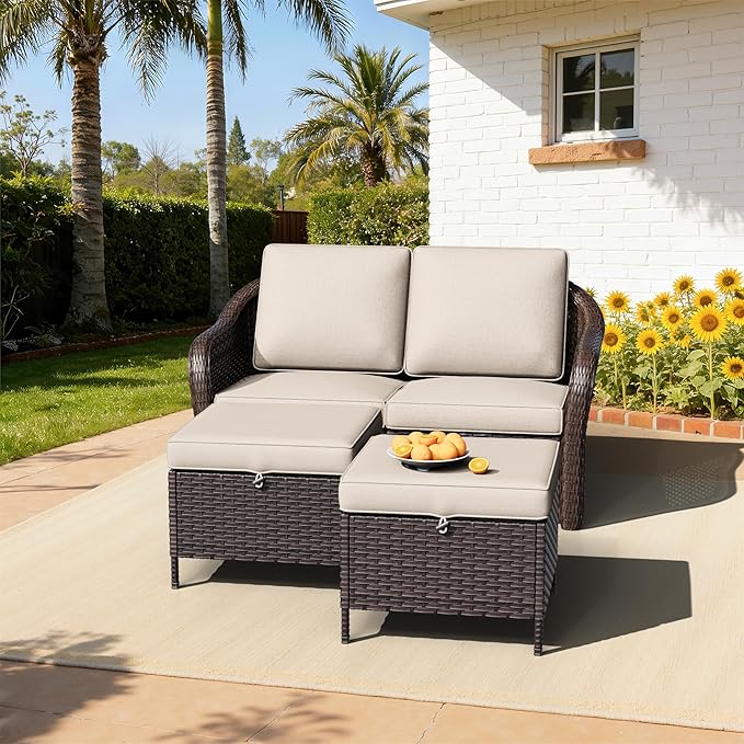 Patio Sectional Couch Set | 55" 2-seat Patio Sofa with 2 Ottomans, Outside Wicker Sofa with Removable Cushions for Bistro, Deck Outdoor Conversation Furniture Set (Beige)