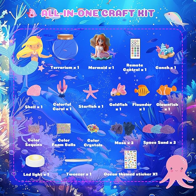 Mermaid Terrarium Crafts Kit for Kids: LED Night Light-Up DIY Toys with Remote – Fun Birthday Gifts for Girls Ages 5 6 7 8 9 10 Years Old – Creative Arts & Crafts Activity Set