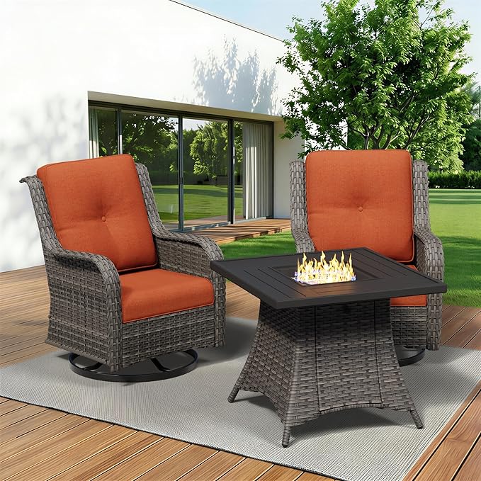 3 Pieces Outdoor Wicker Patio Furniture Set with Fire Pit Table, Swivel Rocker Patio Chairs Set with Thickened Cushions, High Back and Deep Seating, Hand-Woven PE Rattan for Porch, Deck
