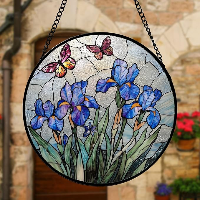 Stained Glass Window Hanging, Blue Iris Flowers Butterfly Suncatcher Diamond Colorful Glass Panel Sun Catchers Decor for Birthday for Women, Men, Wife, Aunt, and Mom 9.8 in