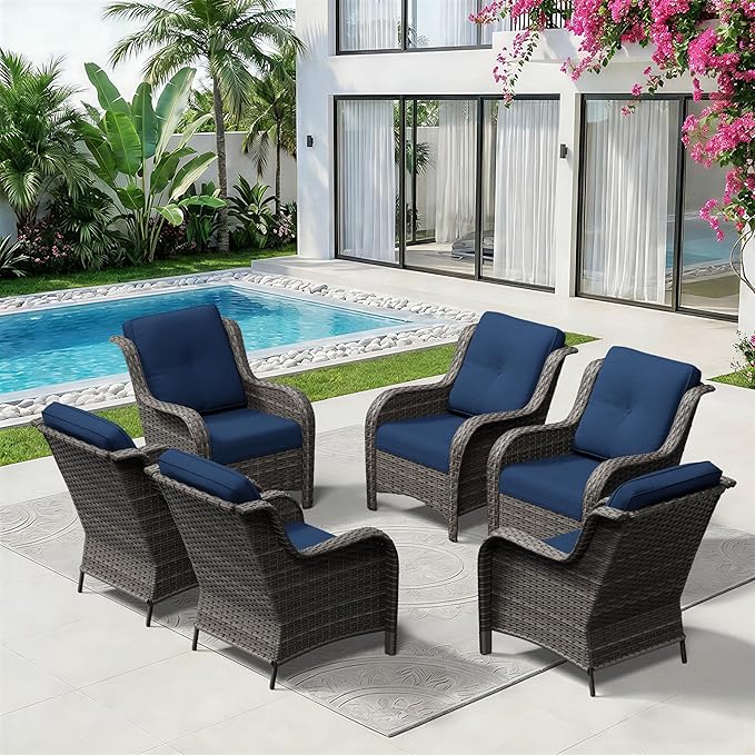 6 Piece Outdoor Wicker Patio Furniture Set, Patio Chairs Set with Thickened Olefin Cushions, High Back and Deep Seating, Hand-Woven PE Rattan for Porch, Deck