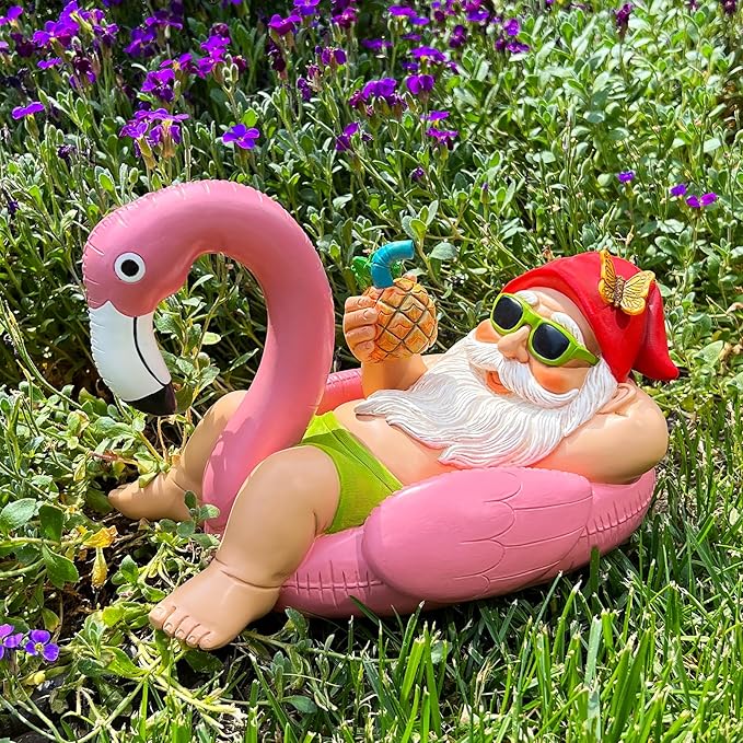 Mood Lab Garden Gnome on Flamingo - Funny Gnome Figurine - 8 Inch Depth Lawn Statue - for Outdoor or House Decor