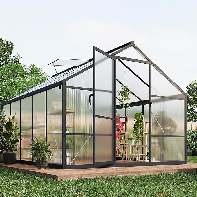 8x10ft Greenhouse Aluminum Greenhouse for Outdoors with Roof Vent, Lockable Outward-Opening Swing Door, Heavy-Duty Polycarbonate Walk-in Green House for Garden, Backyard, Patio, Lawn, Dark Grey