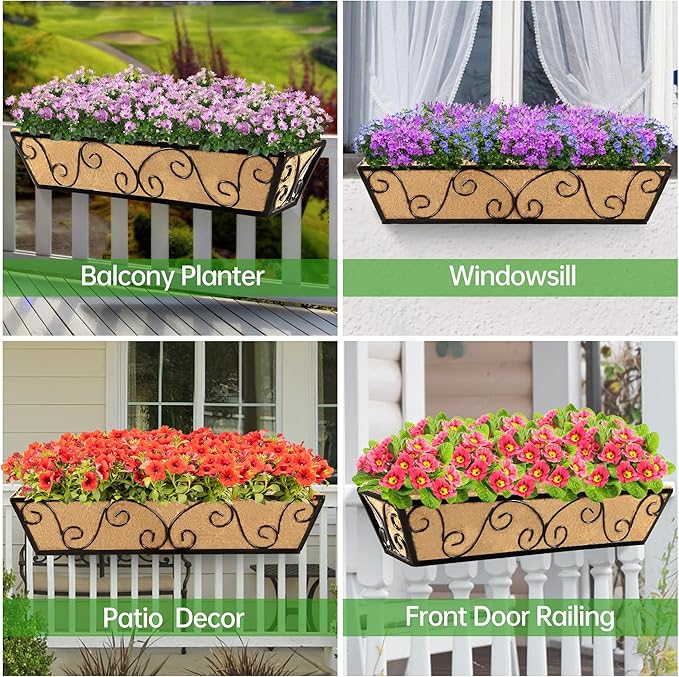 Y&M 24 Inch Window Deck with Coco Liner, Fence Metal Hanging Flower Planter Window Basket Deck Railing Planter Boxes for Outdoor Garden Lawn-Butterfly, 4pcs