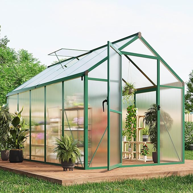 6X10FT Outdoor Greenhouse, Aluminum Polycarbonate House, Green Houses for Outside with Sliding Doors, Ajustable Roof Vent, Withstands Bad Weather for Garden, or Backyard, Green