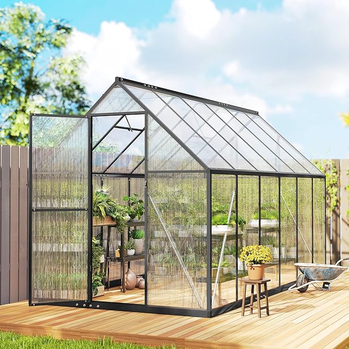 Outsunny 11x6 ft Polycarbonate Greenhouse with Swing Door and Two Adjustable Roof Vents, Aluminum Walk-in Greenhouse Outdoor Greenhouse for Patio Garden Backyard, Black