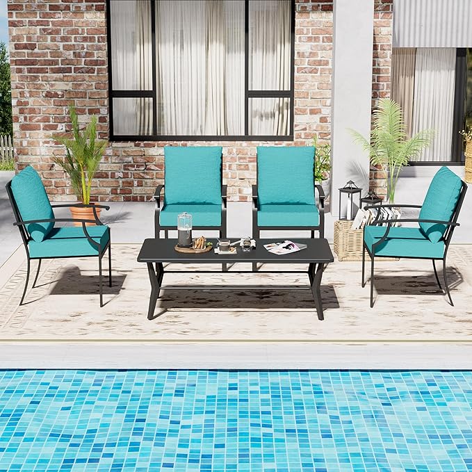 5-Piece Patio Furniture Set, Outdoor Table and Chairs with Rectangular All-Iron Coffee Table and 4 Chairs with Thick Cushions, Patio Conversation Set for Backyard, Balcony and lawns,Blue