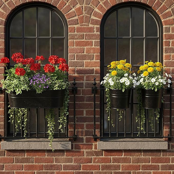 Romooa 16 Pcs Hanging Flower Pots Planters for Outdoor Metal Iron Wall Flower Planter Baskets for Railing Fence Balcony Garden Yard Home Indoor Decoration with Detachable Hooks(Black)