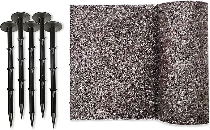 Black Rubber Mulch Border for Landscaping, 6' L x 22'' W Roll, Natural-Looking Permanent Garden Barrier for Plants, Vegetables, and Flowers, Recycled and Sustainable, 16 Plastic Anchors Included