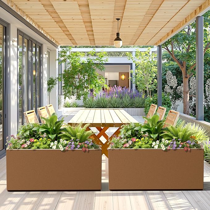 Rectangle Planter for Indoor & Outdoor, Tall and Long Planter Boxes with Drainage Holes, Mental Planter Box All-Weather Use for Plants, Flowers, 38" L x 15" W x 16.3" H, Brown
