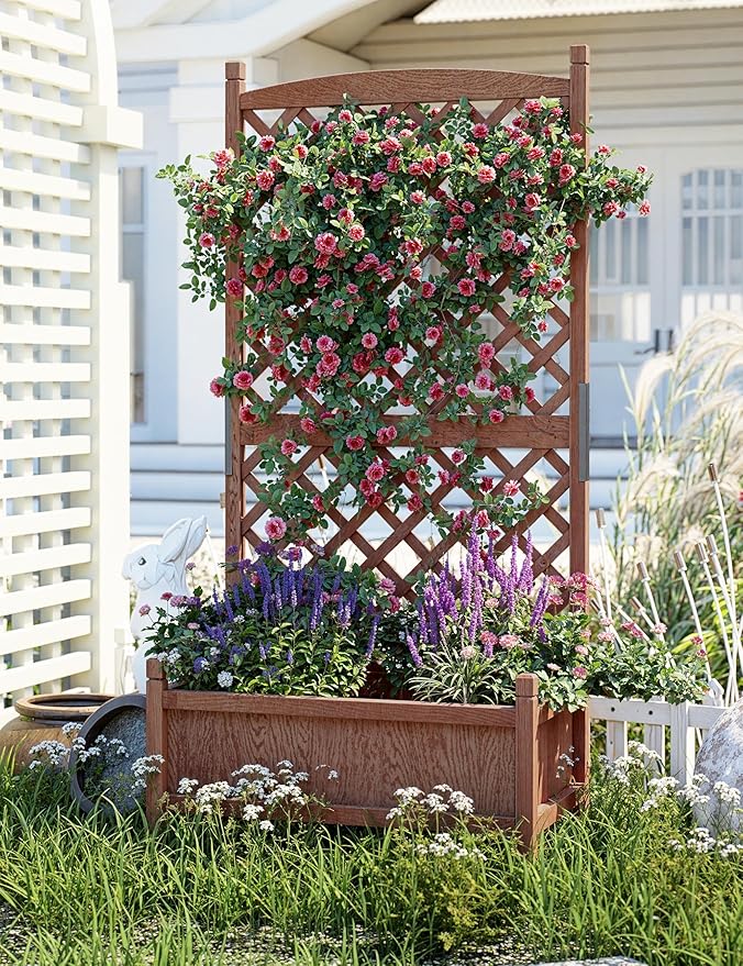 1 PCS Wooden Planter Box with Trellis, 29.5x13x61.5 in – Elevated Raised Garden Bed with Drainage Holes & Locking Wheels – Perfect for Outdoor, Balcony, or Indoor Gardening – Quick Assembly