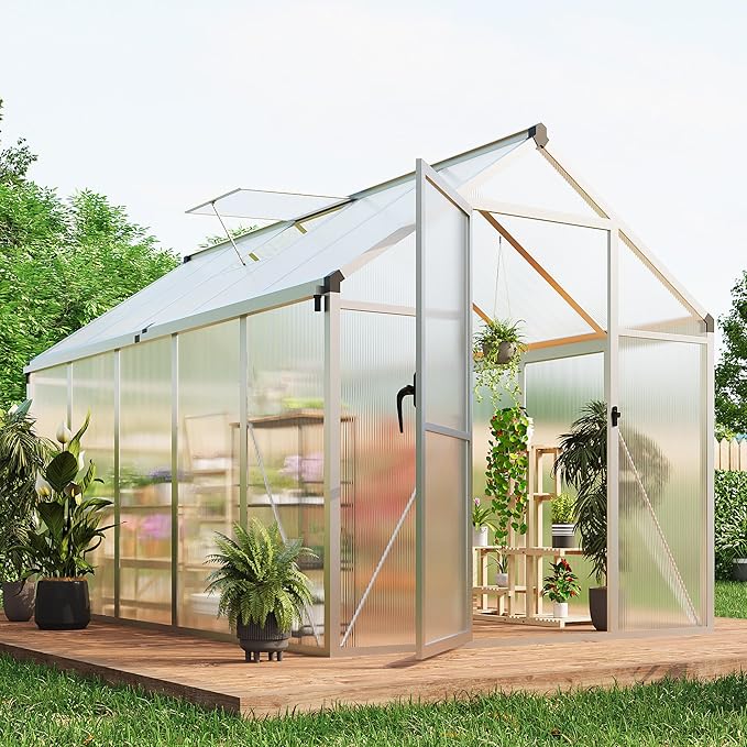 6X10FT Outdoor Greenhouse, Aluminum Polycarbonate House, Green Houses for Outside with Sliding Doors, Ajustable Roof Vent, Withstands Bad Weather for Garden, or Backyard, Silver