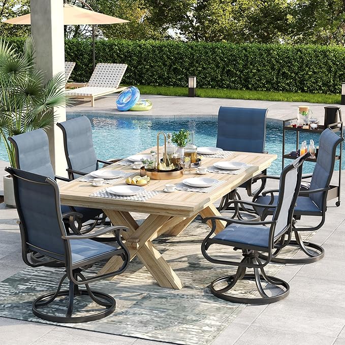Patio Swivel Chairs Set of 2, Outdoor Dining Chairs with High Back, All-Weather Swivel Rocker Chair for Lawn, Porch or Garden (Padded Navy)