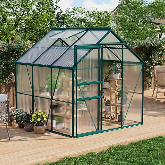 Garvee 6 x 6 FT Outdoor Greenhouse, Polycarbonate Greenhouses with Aluminum Frame, Sliding Door, Adjustable Roof Vent for Backyard, Green Houses for Outside Garden Backyard, Patio, Green