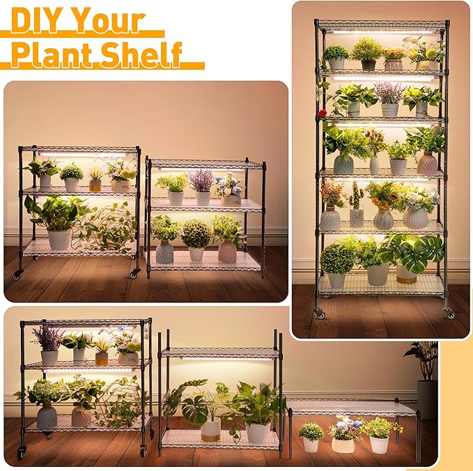 Meonum Plant Shelf with Grow Lights 30" x 13.8" x 70.8", 6 Tier DIY Metal Grow Rack with 90W LED Growing Lamps for Seed Starting, Indoor Greenhouse with Cover, Timer, Thermometer, pH Meter
