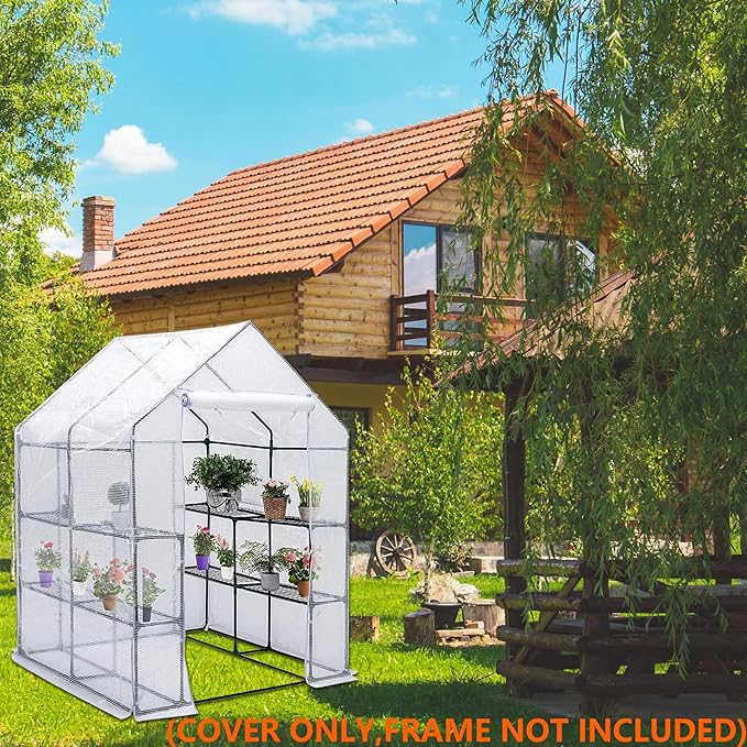 Greenhouse Replacement Cover, 56×56×76 Inches PE Walk-in Greenhouse Cover for Gardening Plants w/Roll-Up Zipper Door, Waterproof Frost Protection Wind Rain Proof, Easy Assembly (No Frames Include)