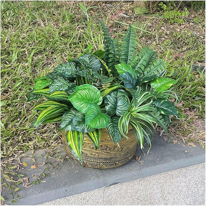 Large Realistic Faux Outdoor Plants, Artificial Greenery Set with Silk Leaves for Patio, Porch, Garden Decor, UV Resistant Plastic Stems, Lifelike Shrubs for planters and Front Door Decorations
