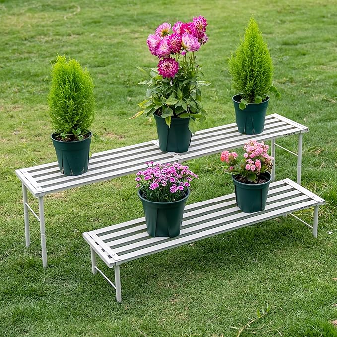 MultirackX Metal Plant Stand, Rust-proof Aluminum Flower Pot Stand, Heavy Duty Planter Display Shelving for Patio Balcony Garden Living Room Decorative (White, 35.4 Inch)