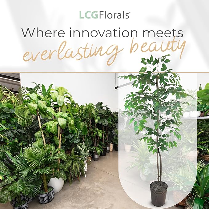 LCG Florals 6ft Artificial Ficus Tree in Copper Metal Pot with Real-Wood Trunk - Indoor and Outdoor Faux Plants for Patio, Living Rooms, Offices & Outdoor Spaces