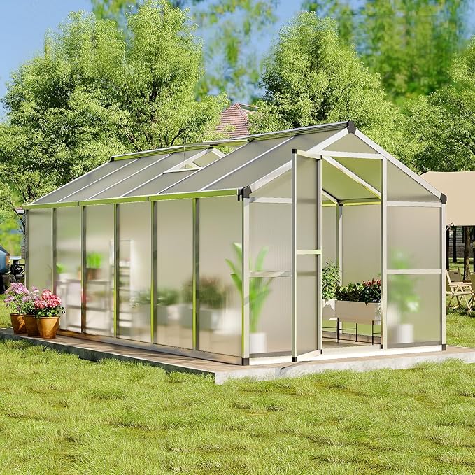 8X12FT Outdoor Greenhouse, Aluminum Polycarbonate Green House, Green Houses for Outside with Sliding Doors, Ajustable Roof Vent, Withstands Bad Weather for Garden, or Backyard, Silver