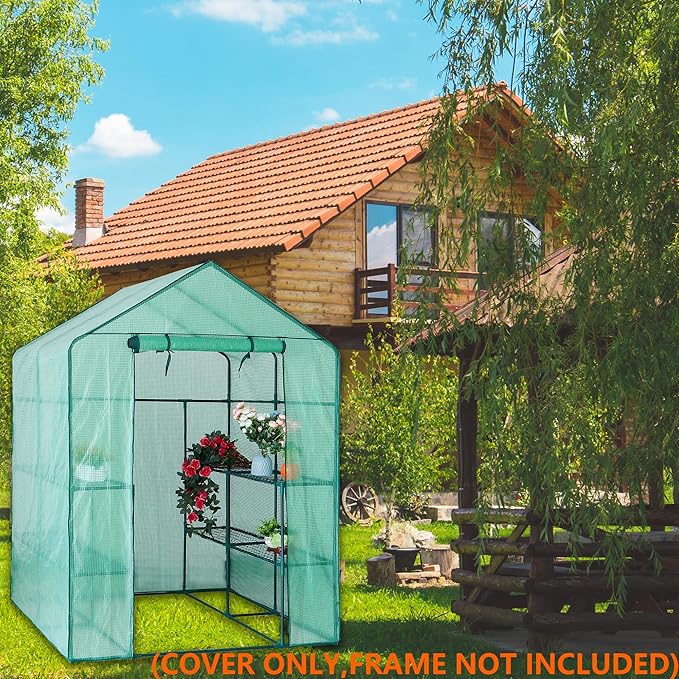 Greenhouse Replacement Cover, 56×56×76 Inch PE Walk-in Greenhouse Cover for Gardening Plants w/Roll-Up Zipper Door, Waterproof Frost Protection Wind Rain Proof, Easy Assembly (No Frames Include)