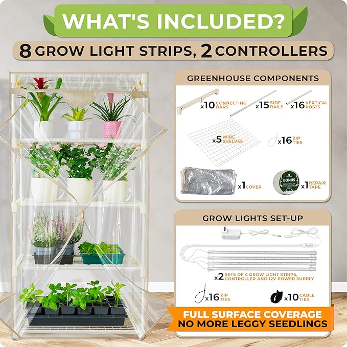 Carpathen Indoor Greenhouse with Grow Lights - 4 Tiers 27.2"L x 19.3"W x 54"H with 8 Dimmable 15W Full Spectrum LED Light Strips and Spectrum Control - Mini Greenhouse with Waterproof Zipped PVC Cover