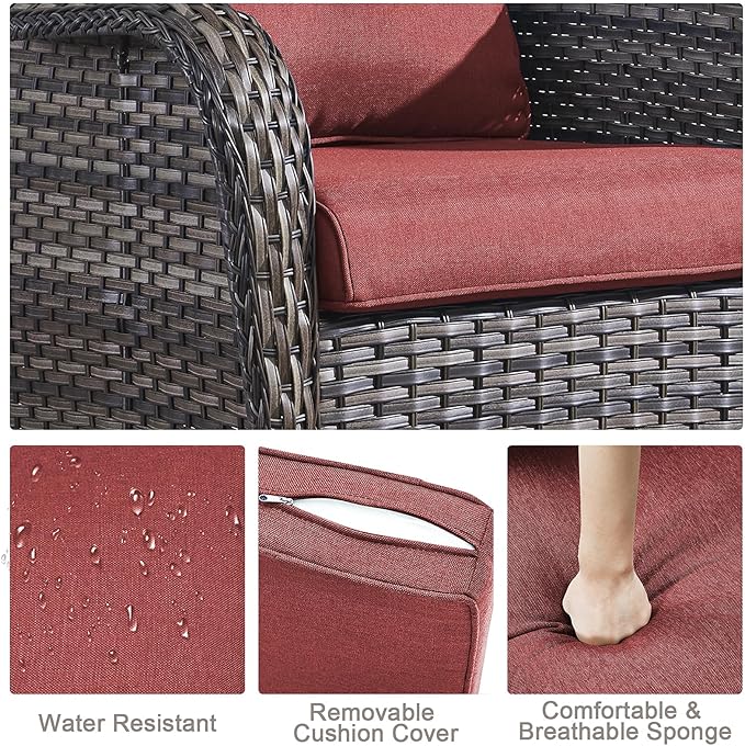 HUMMUH Patio Chairs Wicker Patio Dining Chairs Set of 2 PE Rattan Deep Seating Outdoor Chairs with 4 inch Seat Cushions (Grey/Red)