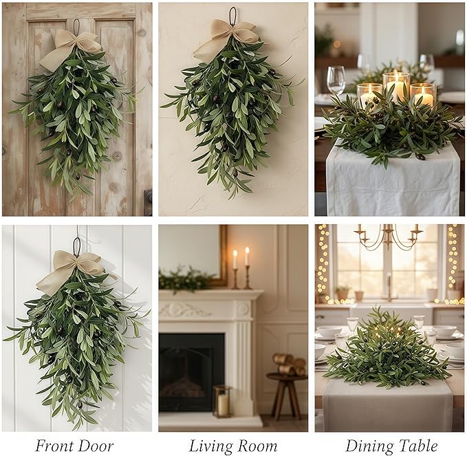 2026 Spring Olive Branch Teardrop Swag 24 Inch, Extra Full & Thick Faux Greenery with Upgraded Ribbon & Textured Leaves, Sturdy Farmhouse Hanging Wreath for Door, Wedding Arch, Kitchen, Bathroom Decor