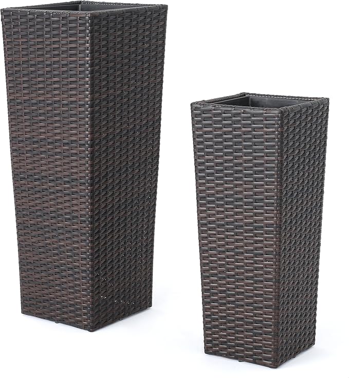 32"H Outdoor Rattan Flower Pots Set of 2,Patio Wicker All-Weather Planter Set,Rattan Plant Pots with Iron Frame for Herb Garden,or Indoor Decor,Large & Small Sizes, No Assembly Required Brown