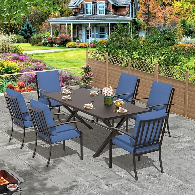 7-Piece Patio Dining Set Outdoor Conversation Set,Metal Outdoor Furniture Set with Umbrella Hole Cut-Out 78.7" x 35.4" Table and 6 Metal Backrest Chairs for Backyard,Garden,NavyBlue