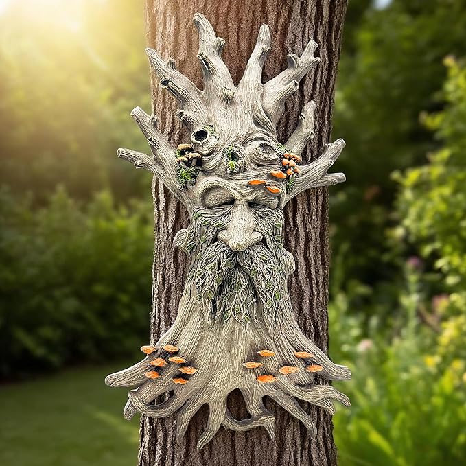Teaeeno Charming Tree Face Garden Decor, Whimsical Old for Man Resin Statue with Foliage Features, Large Outdoor Tree Hugger for Yard Art, Root Detail,Trees Decor Outdoor Wallmounted Statue (Mushroom)